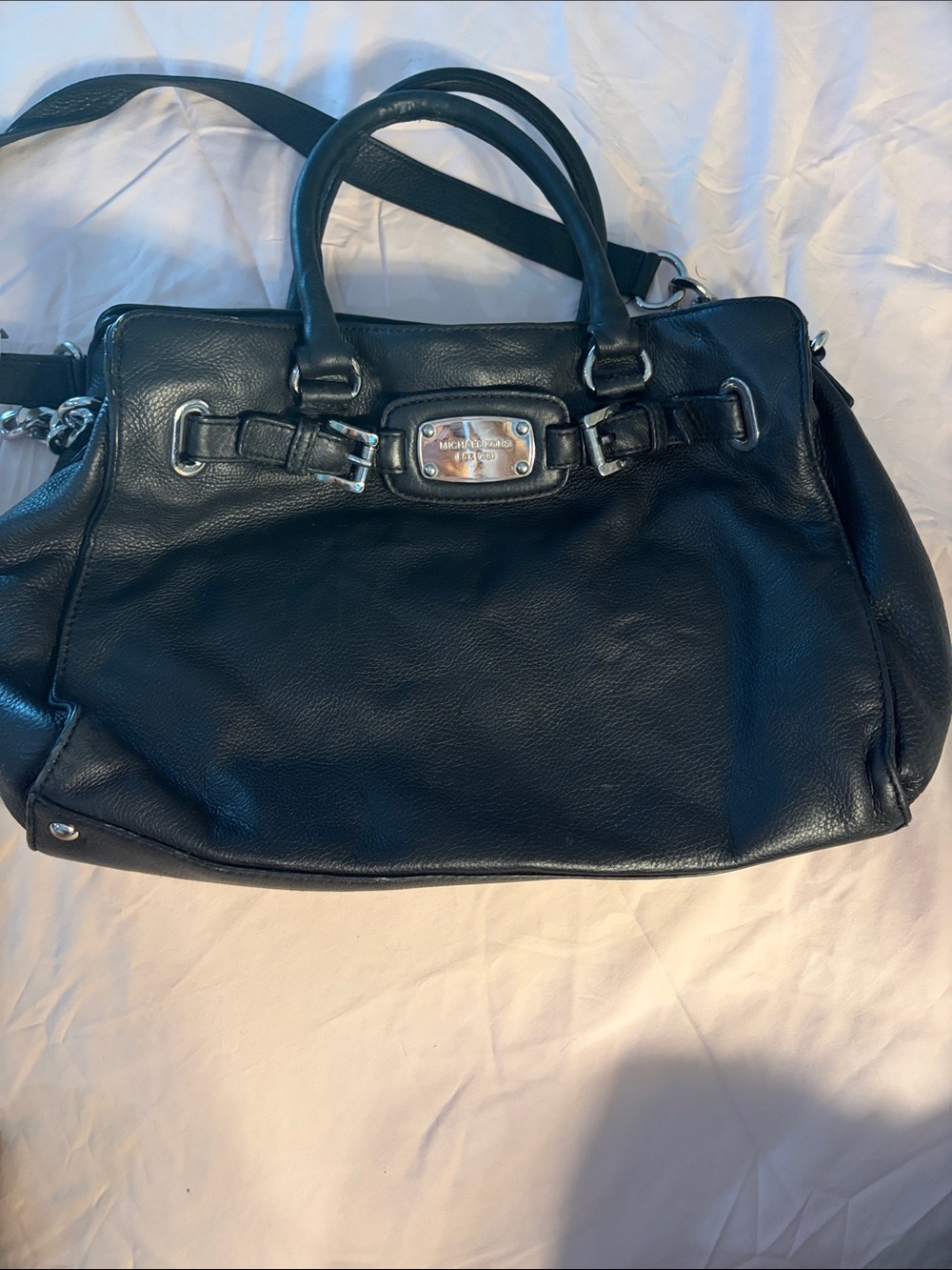 Michael Kors Black Leather Double-Handle Satchel with Silver Hardware